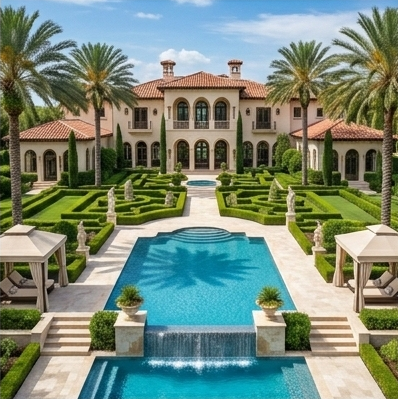 Mansion con alberca a lo largo del inmueble